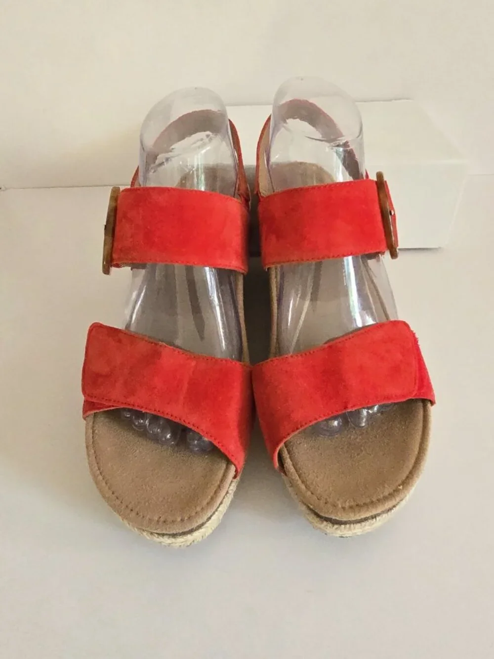 Aetrex Ashley Red Wedge Espadrille Sandals 9 9.5 Shoes Buckle Leather Open Toe